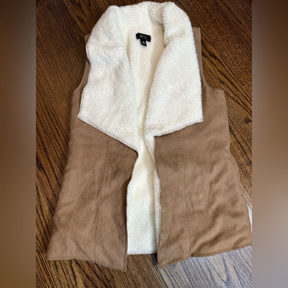 BCX Womens Vest Brown Faux‎ Suede Sherpa Lining Open Front Western Boho Size XS